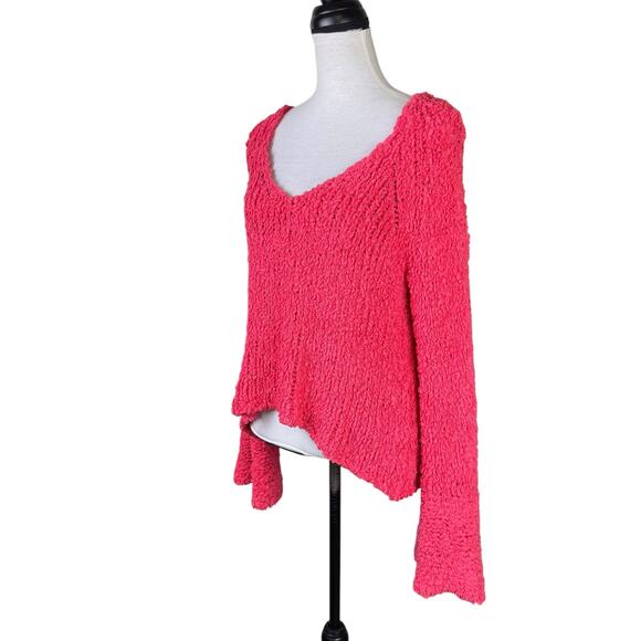 Free People Sand Dune Pullover Coral Pink V-Neck Long Bell Sleeve Fuzzy Sweater - Picture 4 of 12